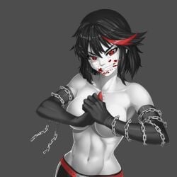 1girls abs arm_gloves athletic_female blood blood_on_face breasts chains covered_breasts cracking_knuckles determined fighter fit_female greyscale hyperbudd kill_la_kill matoi_ryuuko partially_colored red_hair shirtless slim_waist smug tagme teenage_girl teenager tomboy topless tough_girl