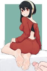 1girls barefoot black_hair blush cum_on_feet feet foot_fetish foot_focus light_skin masturbation red_dress softhanten twintails yor_briar