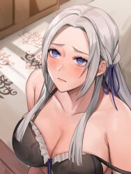 1girls big_breasts black_bra bra cleavage edelgard_von_hresvelg female fire_emblem fire_emblem:_three_houses grey_hair long_hair muunai nintendo purple_eyes solo white_hair