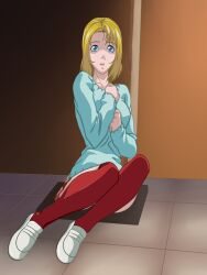 1girls bible_black bible_black_gaiden blonde_hair blue_eyes kitami_reika pale_skin red_socks sitting_on_ground skirt solo sweat