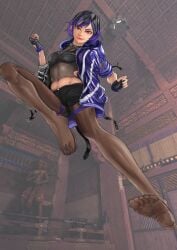 1girls black_and_purple_hair feet female female_only foot_fetish fully_clothed kazuma_(pixiv97264) kicking namco pantyhose purple_eyes reina_mishima solo tekken tekken_8