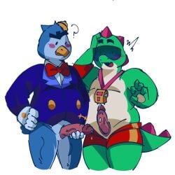 2boys ? anthro beak blue_body blush_lines bodily_fluids brawl_stars buzz_(brawl_stars) clothed clothing cum digital_media_(artwork) dinosaur duo erection fur gay genital_fluids genitals gloves green_body green_skin hand_on_hip handjob hi_res humanoid imminent_sex interspecies male male/male male_only male_penetrating masturbation mr._p_(brawl_stars) mr.p_(brawl_stars) nude open_mouth penetration penguin penis penis_grab question_mark scales sex shorts simple_background solo somehornydud3 sunglasses t-shirt tail thighs whistle white_background