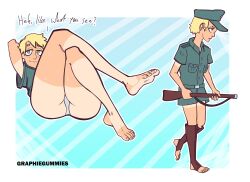 ass barefoot blonde_hair cap feet female_soldier german graphiegummies gun legs soldier soles stirrup_legwear sweaty tanline toes