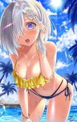 absurd_res ayakase_hotaru beach bending_forward bending_over bent_forward bikini bikini_bottom black_thong blue_bikini_bottom blush detailed_eyes frilled_bikini hair_over_one_eye hamakaze_(kantai_collection) kantai_collection looking_at_viewer one_eye_covered one_eye_visible open_mouth pale pale-skinned_female pale_skin short_hair staring_at_viewer tagme thong thong_under_bikini thong_under_swimsuit wet wet_body white_hair yellow_bikini_top