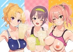 3girls breasts buta_tsuzumi cleavage clothes_lift collarbone commentary_request covered_nipples cum cum_in_container cum_in_cup grin hair_ornament hair_scrunchie idolmaster idolmaster_cinderella_girls jougasaki_mika kiryu_tsukasa_(idolmaster) large_breasts looking_at_viewer multiple_girls navel nipples otokura_yuuki ponytail scrunchie shirt_lift smile