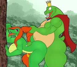 alligator alligatorid anthro anthro_on_anthro big_breasts breasts cape claws clothing crocodilian crown doggy_style donkey_kong_(series) duo fangs female female_penetrated from_behind_position green_body hair headgear k_rool looking_pleasured lunarartstudios_(artist) lunis1992 male male/female male_penetrating male_penetrating_female mature_male musclegut muscular muscular_anthro muscular_male nintendo nude open_mouth open_smile orange_hair penetration penile penile_penetration red_eyes reptile scalie sex smile tail teeth thick_thighs tongue tongue_out