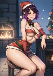 ai_generated bare_shoulders christmas elf female fireplace large_breasts looking_at_viewer paladins pointy_ears purple_eyes purple_hair santa_hat short_hair skye_(paladins) stable_diffusion