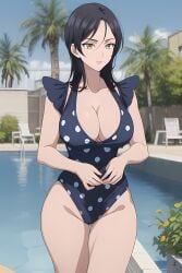 ai_generated big_breasts black_hair breasts female merlin_(nanatsu_no_taizai) nanatsu_no_taizai pool pose swimsuit yellow_eyes