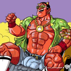 balls black_hair body_hair bulge demon dragon_ball dragon_ball_super dragon_ball_z galaxycoop horns male male_focus male_only mez_(dragon_ball) muscles muscular penis red_body red_skin shorts sitting solo solo_male spread_legs sunglasses