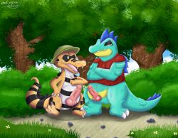 3_toes animal_genitalia animal_penis annoyed anthro blue_body bodily_fluids brown_body claws clothed clothing comparing comparing_penis crocodilian crocodilian_penis cum detailed_background digital_media_(artwork) duo erection feet feraligatr generation_2_pokemon generation_5_pokemon genital_fluids genitals half-closed_eyes hi_res krokorok male male/male narrowed_eyes nintendo nude open_mouth penis penis_size_difference plant pokemon pokemon_(species) reptile scalie size_difference sky slightly_chubby smile sneer tail teeth toes tongue tree white_body woofington_gator