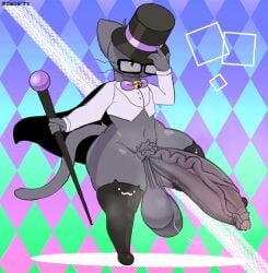 2024 anthro ass axo_(axoarts) axoarts balls bell bell_bow big_balls big_butt big_penis black_cape black_clothing black_eyewear black_glasses black_hat black_headwear black_legwear black_thigh_highs black_top_hat bodily_fluids bottomless bow_tie cape cat_face_stockings clothed clothing crop_top digital_media_(artwork) domestic_cat eyewear felid feline felis front_view fur genital_fluids genitals glasses green_eyes grey_body grey_ears grey_fur grey_hair grey_tail hair hand_on_hat hat headgear headwear hi_res holding_object holding_staff huge_balls huge_cock hyper hyper_balls hyper_genitalia hyper_penis legwear looking_at_viewer magician magician_hat male mammal multicolored_clothing multicolored_legwear multicolored_thigh_highs navel one_leg_up partially_clothed penis pose precum precum_string purple_bow_tie purple_clothing purple_hat purple_headwear purple_top_hat raised_leg shirt smile solo staff tail thick_thighs thigh_highs top_hat topwear two_tone_clothing two_tone_hat two_tone_legwear two_tone_thigh_highs two_tone_top_hat vein veiny_penis whiskers white_clothing white_crop_top white_legwear white_shirt white_thigh_highs white_topwear