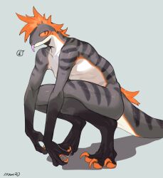 1girls anthro bebebebebe biped blep crouching female female_only fur grey_background grey_body hi_res looking_at_viewer nude nude_anthro nude_female orange_body orange_fur pupils reptile scalie simple_background slit_pupils sniffe_(bebebebebe) solo striped_body stripes tongue tongue_out