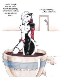 2004 anthro bow breasts cup dialogue female furry garter garter_belt half_naked humor jessica_willard long_gloves micro nipple_piercing nipple_ring nipples parody pierced_nipple skunk speech text topless topless_female underwear