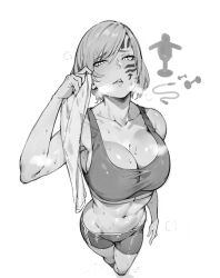 big_breasts final_fantasy final_fantasy_xiv fordola_rem_lupis grayscale jamjam jamjamstyle monochrome panting sports_bra sweat wiping_sweat