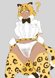 ? alternate_skin_color animal_ears blush bowtie dark-skinned_female female_pubic_hair gloves grey_background jaguar_(kemono_friends) kemono kemono_friends looking_down panties pubic_hair pussy_juice pussy_juice_drip see-through see-through_panties simple_background simple_shading sketch skirt skirt_lift spookoarts streaked_hair tail thighhighs tiger_ears tiger_girl tiger_print tiger_tail wet_panties yellow_hair