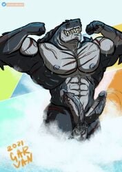 1boy 2_penises abs anthro balls dc_comics diphallia diphallism eye_scar facial_scar fish garvan genitals hi_res king_shark male male_only marine multi_genitalia multi_penis nipples pecs penis red_eyes scar scars_all_over shark sharp_teeth solo solo_male teeth vein veiny_muscles veiny_penis wet