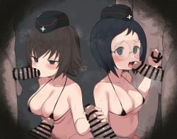 2girls black_hair blowjob blue_eyes blush breasts brown_eyes brown_hair censor_bar censored commission fellatio gangbang girls_und_panzer glasses handjob hida_ema katsuya_megu kuromorimine_military_uniform micro_bikini multiple_boys penis skeb_commission sweat yabai_gorilla