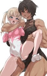 2girls bare_shoulders black_leotard blonde_hair blue_eyes blush breasts brown_hair censored clothed_sex covered_navel dark-skinned_female dark_skin futa_with_female futanari hands_on_another's_thighs height_difference highleg highleg_leotard highres kei_(m_k) large_breasts leotard leotard_aside long_hair m_k mosaic_censoring multiple_girls open_mouth original penis red_eyes rika_(m_k) sex sex_from_behind short_hair simple_background size_difference standing standing_sex sweat tall tall_female tan tomboy vaginal_penetration