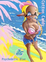 2023 arm_holding beach big_breasts black_eyelashes blue_eyes blue_pseudo_hair breasts brown_body brown_skin color dark-skinned_female dark_skin digital_media_(artwork) frye_(splatoon) full_body full_color hat headwear hi_res inkling jean_shorts looking_at_viewer one_eye_closed palm_tree pink_bikini pink_bikini_bottom pink_bikini_top pink_bra pointy_ears pseudo_hair sand showing_teeth splatoon splatoon_(series) splatoon_3 t2ukmyjm yellow_eyelashes yellow_hair