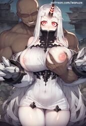 abyssal_ship ai_generated bald big_ass big_breasts big_butt big_thighs blush clawed_fingers claws dark-skinned_male dark_skin demon_horns faceless_male glowing_eyes grey_skin groping groping_breasts groping_from_behind horn huge_ass huge_breasts huge_butt huge_thighs kantai_collection muscular muscular_male pale_skin red_eyes seaport_hime seaport_princess wanuze white_skin wide_hips