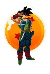 armor balls bardock black_hair boner dragon_ball dragon_ball_super dragon_ball_z erection erection_under_clothes fully_clothed galaxycoop hard_on headband humorous male male_only muscles muscular penis saiyan saiyan_armor saiyan_tail saluting solo solo_male tail