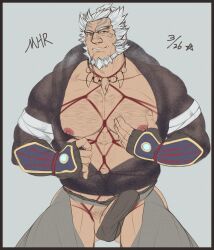 balls bara beard boner erection erection_under_clothes face_markings facial_hair fugen_(monster_hunter_rise) glensaru male male_only monster_hunter monster_hunter_rise muscles muscular open_clothes penis rope solo solo_male white_hair