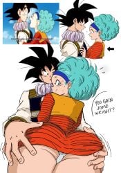 1boy 1girls 5_fingers afro ass_focus black_eyes black_hair blue_eyes blue_hair bulma_(afro) bulma_briefs clothed clothing dragon_ball dragon_ball_z gokutrash grabbing_ass groping groping_ass light-skinned_female light-skinned_male light_skin smile son_goku toei_animation