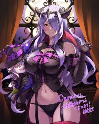 1girls 2023 absurd_res absurdres alternate_costume bare_shoulders blush breasts camilla_(fire_emblem) character_doll cleavage commission corrin_(fire_emblem) corrin_(fire_emblem)_(male) corrin_(male)_(fire_emblem) corrin_(male)_(halloween)_(fire_emblem) doll female female_only fire_emblem fire_emblem_fates fire_emblem_heroes garter_straps gloves hair_over_one_eye halloween hat hatomune6 highres large_breasts light-skinned_female light_skin long_hair looking_at_viewer moon navel nintendo panties pink_eyes purple_eyes purple_hair skeb_commission smile solo stuffed_toy thighhighs thighs tiara underwear very_long_hair wavy_hair