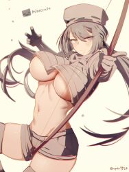 aiming archer at2. big_breasts bow_(weapon) grey_eyes grey_hair hat long_hair minecraft mob_talker silver_eyes silver_hair skeleton_(minecraft) stockings thick_thighs thighhighs thighs twintails