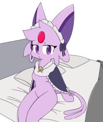 2023 anthro anthro_only anthrofied aronroong breasts cheek_tuft cute eeveelution espeon female female_only generation_2_pokemon looking_at_viewer maid_uniform no_nipples on_bed pokémon_(species) pokemon pokemon_(species) pokemon_gsc purple_body purple_eyes purple_fur small_breasts