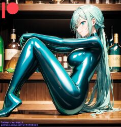 ai_generated bodysuit breasts female kuriboh_ex_(artist) latex latex_suit oppai pussy rubber rubber_suit turquoise_eyes turquoise_hair