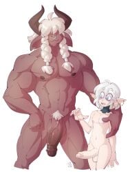 2boys abs anthro balls big_penis bovid bovine brown_body brown_fur chin_tuft curved_horn duo ear_piercing elf erection european_mythology facial_tuft flaccid fur gay genitals girly greek_mythology hair_over_eyes horn huge_cock humanoid humanoid_genitalia humanoid_penis humanoid_pointy_ears lapinbeau male male/male male_only mammal minotaur multiple_boys muscle_tone muscular muscular_anthro muscular_male mythology pecs penis piercing pubes simple_background size_difference smile vein veiny_penis white_background white_hair wide_eyed