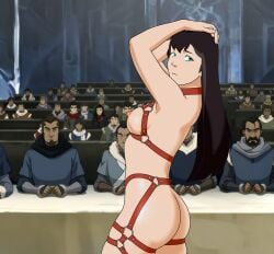 1girls alternative_hairstyle anaxus arms_above_head asami_sato ass avatar_legends bolin bondage_gear breasts female group mako mature_female milf naked nipples pema posing public public_nudity revealing_clothes side_view sideboob slutty_outfit standing the_legend_of_korra