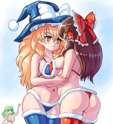 3girls ass bow christmas_lingerie christmas_outfit kochiya_sanae large_breasts lingerie marisa_kirisame profitshame reimu_hakurei touhou witch_hat yuri