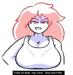 1girls big_breasts bra breasts dialogue large_breasts long_hair looking_at_viewer overly_sarcastic_productions overt red_(overly_sarcastic_productions) red_eyes red_hair see-through see-through_clothing solo solo_female tank_top text youtube youtuber youtuber_girl