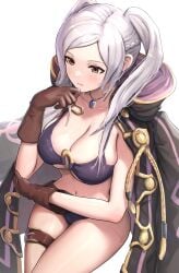 1girls absurdres alternate_costume bikini black_coat breasts brown_eyes brown_gloves cleavage cloak closed_mouth coat collarbone elbow_rest female fire_emblem fire_emblem_awakening fire_emblem_heroes from_above gloves gonzarez highres hood hooded_cloak jewelry large_breasts light-skinned_female light_skin long_hair looking_ahead navel nintendo o-ring o-ring_bikini official_alternate_costume pendant purple_bikini purple_swimsuit robin_(female)_(summer)_(fire_emblem) robin_(fire_emblem) robin_(fire_emblem)_(female) sidelocks simple_background sitting solo swimsuit thigh_strap twintails white_background white_hair