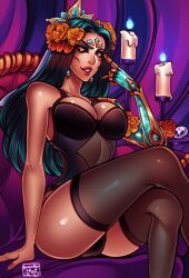 big_breasts bimbo black_bodysuit bodysuit cleavage dark-skinned_female detailed_background dip-dyed_hair dyed_hair la_ilusion_renata_glasc_prestige_edition la_ilusion_series league_of_legends long_hair milf panties pinup poposhirat prestige_skin renata_glasc robotic_arm stockings thick_thighs thighhighs tiny_waist wide_hips