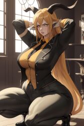 ai_generated animal_ears anthro arknights armpits bangs big_breasts black_gloves blonde_hair blush breasts curvy degenbrecher_(arknights) female gloves goat_ears goat_girl goat_horns hair_between_eyes hands_behind_head horns jacket large_breasts long_hair long_sleeves mature_female milf pants parted_lips serious serious_look shirt squatting stable_diffusion thick_thighs very_long_hair voluptuous wgenjoyr4539 wide_hips yellow_eyes