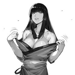 big_breasts final_fantasy final_fantasy_xiv grayscale hime_cut jamjam jamjamstyle kimono kimono_pull monochrome seductive seductive_smile undressing yotsuyu_(final_fantasy_xiv)