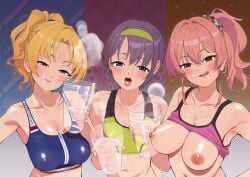 3girls breasts buta_tsuzumi cleavage clothes_lift collarbone covered_nipples cum cum_in_container cum_in_cup cum_in_mouth gokkun hair_ornament hair_scrunchie idolmaster idolmaster_cinderella_girls jougasaki_mika kiryu_tsukasa_(idolmaster) large_breasts looking_at_viewer multiple_girls navel nipples otokura_yuuki ponytail scrunchie shirt_lift tongue tongue_out