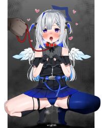 1boy absurdres amane_kanata angel_wings asymmetrical_legwear bare_shoulders black_bow black_dress black_gloves black_socks blue_dress blue_hair blue_thighhighs blush bow collar colored_inner_hair dress drooling feathered_wings female full_body gloves gradient_dress grey_hair hair_ornament hairbow halo heart highres holoforce hololive hololive_japan karikari_ume kneehighs leash long_hair looking_at_viewer multicolored_hair open_mouth panties partially_fingerless_gloves paw_pose pillarboxed purple_eyes pussy_juice pussy_juice_drip_through_clothes pussy_juice_trail red_collar saliva single_hair_intake socks solo_focus spread_legs squatting stained_panties star_(symbol) star_hair_ornament star_halo straight streaked_hair thighhighs tongue tongue_out underwear virtual_youtuber wings