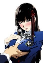 ai_generated big_breasts black_hair blush bob_cut breast_grab breast_squeeze breast_squish brown_eyes choku_to-san_no_kyonyū embarrassed embarrassed_female hifumi_togo horny horny_female long_hair looking_away persona persona_5 psweat school_uniform schoolgirl shy sweating teenager turned_on