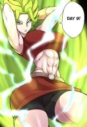 1girls abs big_breasts clothed clothing dragon_ball dragon_ball_super female green_eyes green_hair kale kale_(berserker) large_breasts long_hair looking_at_viewer muscular muscular_female nisego solo solo_female super_saiyan text thick_thighs