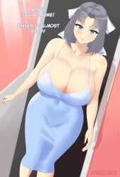 1girls background big_breasts blue_eyes bodycon cleavage clothing grey_hair medium_hair senran_kagura senran_kagura_(series) tight_clothing tiredtorto yumi_(senran_kagura)