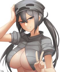 ayumi_(mob_talker) big_breasts grey_eyes grey_hair grin hand_on_head hat long_hair minecraft mob_talker peace_sign silver_eyes silver_hair skeleton_(minecraft) twintails