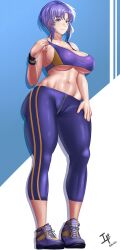 1girls arcedo ass bare_arms bare_shoulders big_ass blue_background breasts earrings female female_only fire_emblem fire_emblem:_the_blazing_blade full_body gym_uniform large_breasts nintendo pantyhose purple_eyes purple_hair shoes short_hair shoulders sideboob simple_background smile solo tank_top tight_clothing underboob ursula_(fire_emblem) white_background zipper