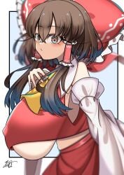 1girls alternate_breast_size blush female huge_breasts kaito_y_illust kaitojaja19980520 looking_at_viewer nipple_bulge no_bra reimu_hakurei sideboob solo touhou underboob