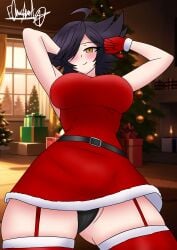 big_breasts black_panties christmas christmas_outfit elmashoarts karmavt owozu purple_hair upskirt virtual_youtuber vtuber yellow_eyes