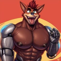 1boy ai_generated anthro bandicoot bara crash_(series) crunch_bandicoot frosting.ai fur furry furry_only gay male male_only marsupial muscular muscular_male nipples robotic_arm simple_background solo sweatdrop tagme tongue_out video_games