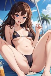 ahe_gao ai_generated ai_hands beach bikini black_bikini blue_eyes brown_hair cum cum_in_pussy cum_inside female female_only open_mouth small_breasts solo thighs wet_mouth